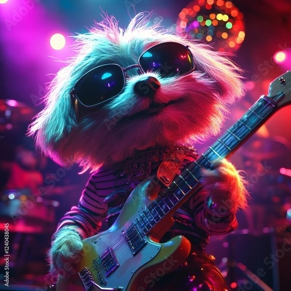 Fototapeta Vibrant scene with cartoon puppy resembling the puppy Gees wearing striped shirts and sunglasses playing guitars energetically on stage with a glittering disco ball reflecting colorful lights