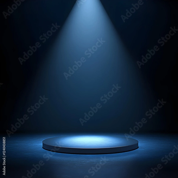 Fototapeta Minimalist Blue Circular Podium with Spotlights in a Dimly Lit Room, Creating an Abstract 3D Presentation Scene for Product Showcases, Luxury Displays, and Events