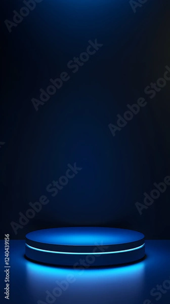 Fototapeta Luxury Dark Blue Stage Podium with Neon Spotlights and Circular Platform, Designed for Elegant Product Display, Event Presentations, and High-End Showroom Settings