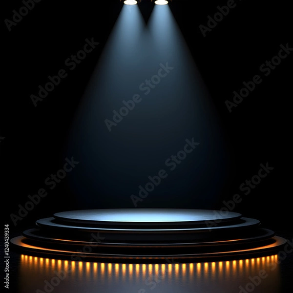 Fototapeta Luxury Dark Blue Podium with Spotlights and Circular Platform, Perfect for High-End Product Displays, Elegant Presentations, and Minimalist Showroom Scenes