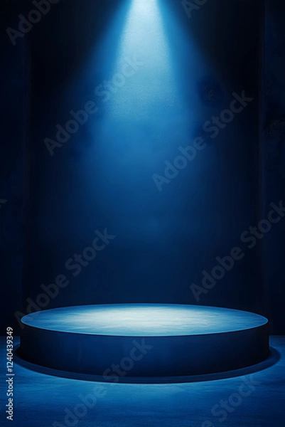 Fototapeta Abstract Dark Blue 3D Podium with Spotlight and Circular Stage, Ideal for Product Presentations, Luxury Showrooms, and Minimalist Display Backgrounds