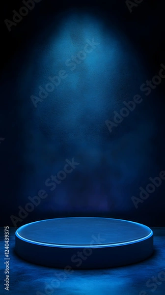 Fototapeta Modern Dark Blue Stage with Circular Platform and Neon Spotlights, Creating a Minimalist and Elegant Display Scene for Luxury Presentations, Events, and Product Showcases