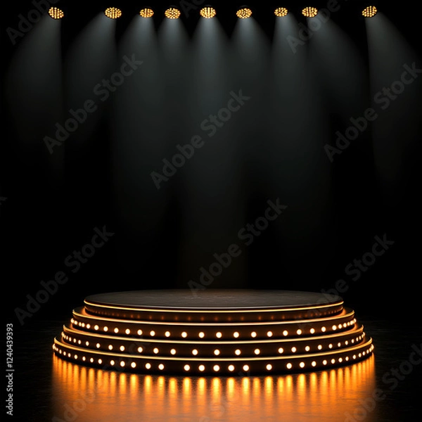 Fototapeta Abstract Dark Golden Stage with Circular Podium and Neon Spotlight, Perfect for Minimalist Presentation Backgrounds, Luxury Product Displays, and High-End Events