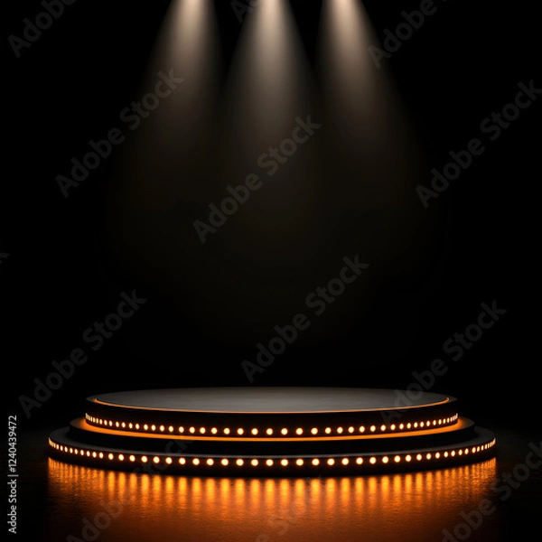 Fototapeta Dark Golden Stage Podium with Elegant Spotlights and Circular Platform, Offering a Sophisticated Display for Product Presentations, Luxury Showrooms, and Event Scenes