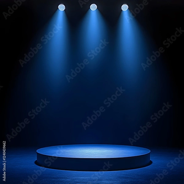 Fototapeta Circular Blue Stage Podium in a Dimly Lit Room with Abstract Neon Spotlights, Perfect for Product Showcase, Presentation Display, and High-End Luxury Event Backgrounds