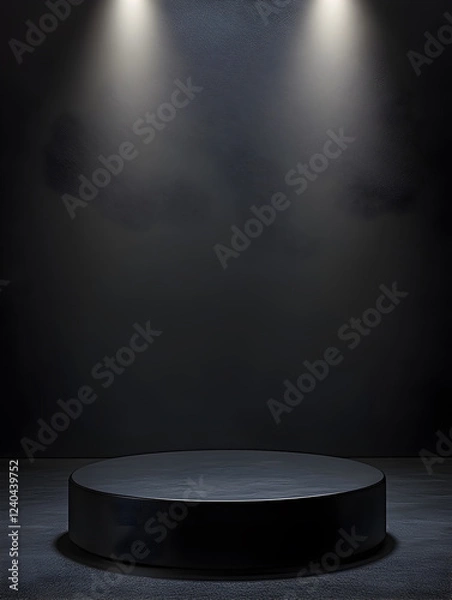Fototapeta Minimalist Dark Blue Stage Podium with Dramatic Lighting, Featuring a Circular Platform and Neon Spotlights for Product Display, Luxury Showroom, and Elegant Presentation Scene