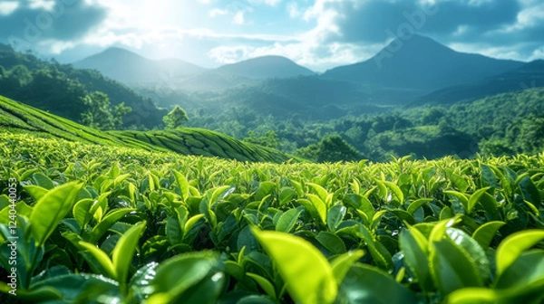 Obraz Close-up of tea leaves in the terraced fields of a tea garden in spring