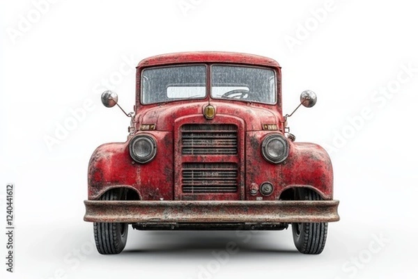 Fototapeta Rusty vintage red truck parked against a white background showcasing classic automotive design