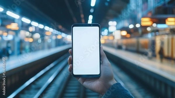Obraz Person holds phone at train station, with platform lights