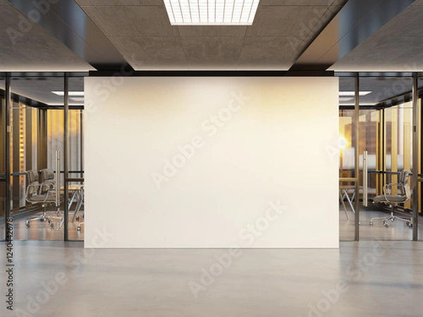 Obraz Blank wall Mockup in bright office with windows. Company interior at sunset 3D rendering