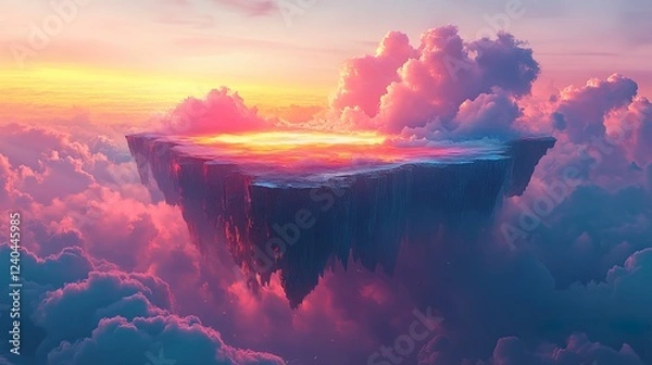 Fototapeta A floating abstract landscape with glowing cliffs and vivid, gradient-filled clouds