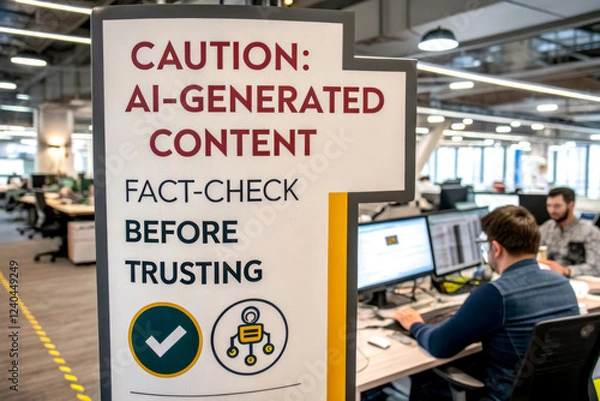 Obraz Office sign warns about AI-generated content, emphasizing the need for fact-checking before trusting information.