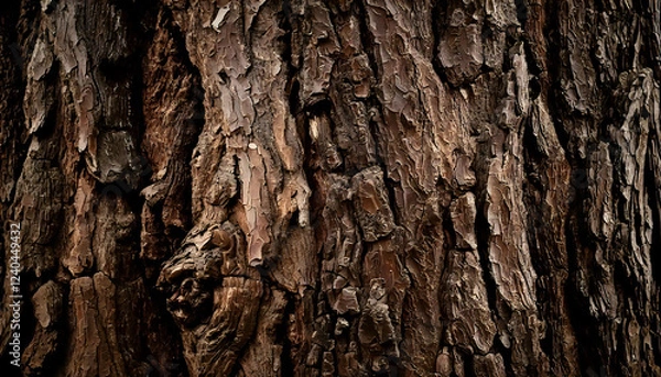 Fototapeta Dramatic close-up of dark brown tree bark texture.  Rich, detailed image ideal for backgrounds, website design, or nature-themed projects.  Provides a rustic and organic feel.