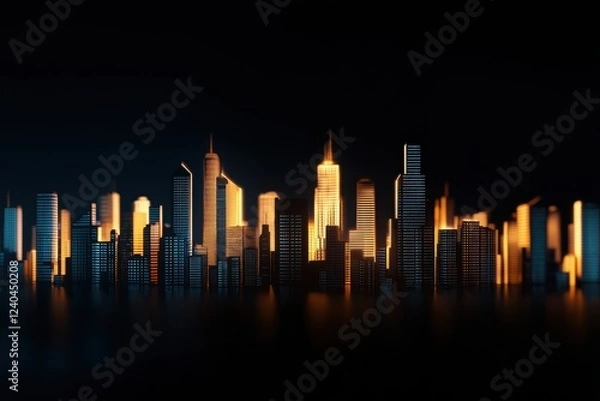 Obraz A vibrant city skyline at night, illuminated by glowing lights against a dark backdrop, showcasing modern architecture and an energetic urban atmosphere.