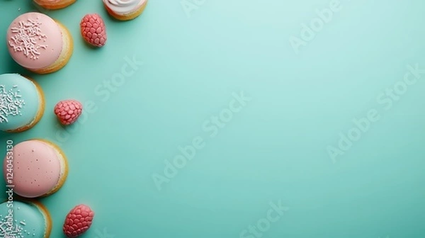 Fototapeta Colorful Donuts and Raspberries on Soft Teal Background Perfect for Sweet Treats and Dessert Themes