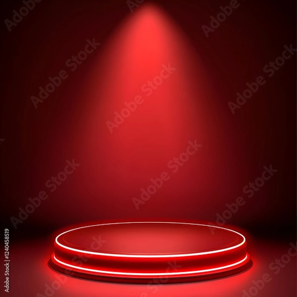 Fototapeta Minimalist Dark Red Stage Podium with Dramatic Lighting, Featuring a Circular Platform and Neon Spotlights for Product Display, Luxury Showroom, and Elegant Presentation Scene