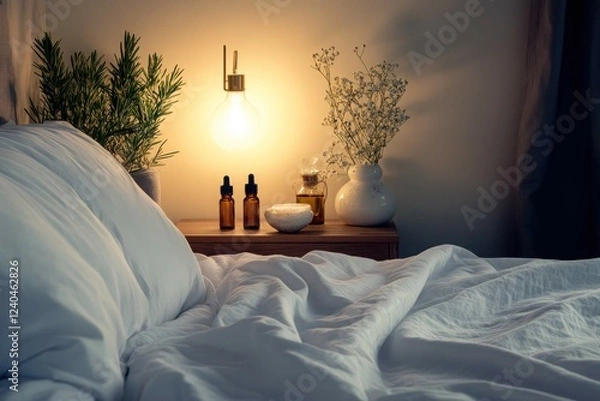 Obraz A serene bedroom with crisp white sheets, soft lighting, and essential oils diffusing on the bedside table, creating a relaxing sleep environment.