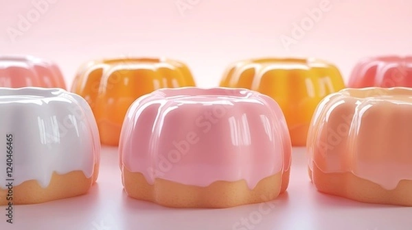 Fototapeta Colorful Mini Bundt Cakes with Glaze on a Soft Pink Background for Dessert Lovers and Culinary Creations