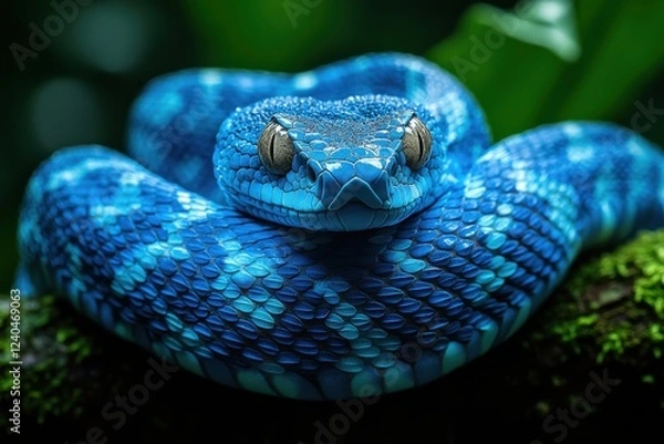 Fototapeta Vibrant Blue Viper Coiled on Mossy Branch in Lush Jungle Environment.