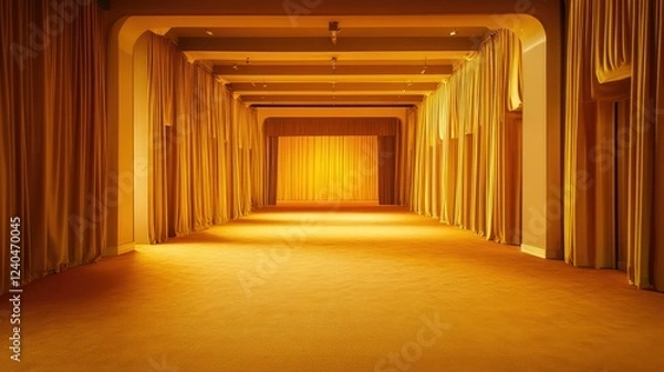 Fototapeta Symmetrical view of a yellow carpeted stage with curtains, framed by warm golden lighting for a cozy feel