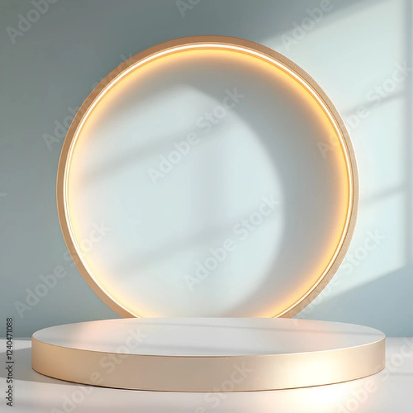Fototapeta Illuminated White Golden Stage Podium with Glowing Neon Circle and Spotlight, Creating a Luxury Display Scene for Product Advertising, Award Shows, and Elegant Presentations