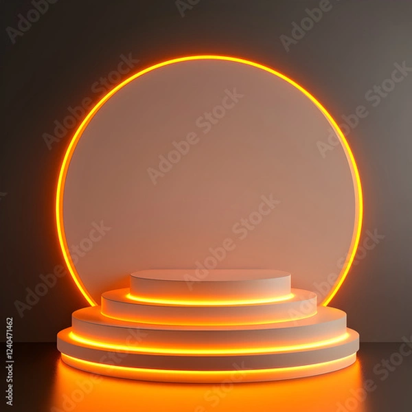Fototapeta Modern Golden Neon Stage with Circular Pedestal and Spotlight, Designed for Product Showcase, Award Ceremonies, Elegant Advertising Displays, and High-End Event Presentations