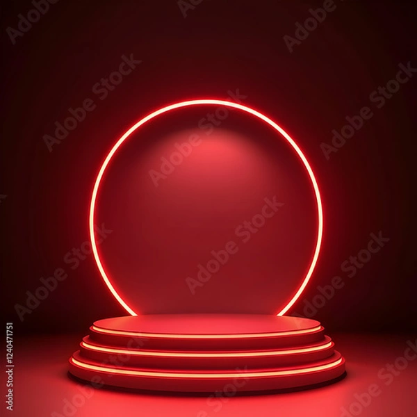 Fototapeta Elegant Stage Podium with Red Neon Ring and Spotlight on a Dark Background, Ideal for Product Display, Event Presentations, Luxury Showcases, and Award Ceremonies