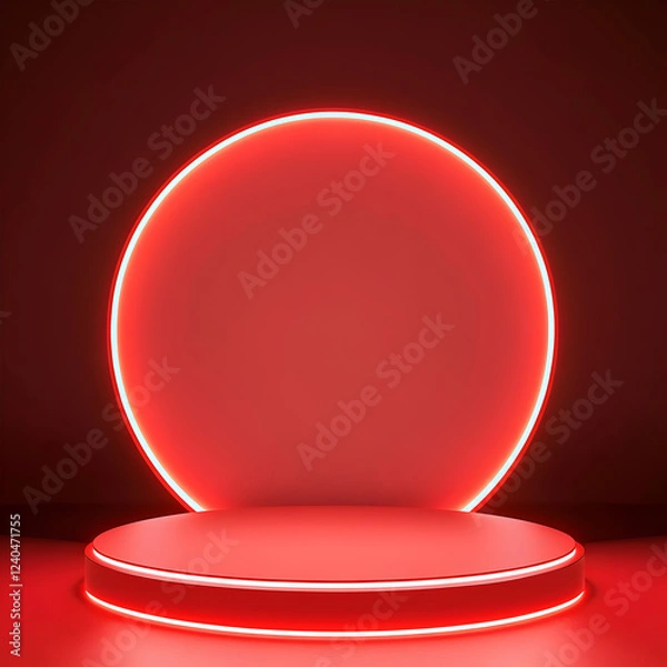 Fototapeta Futuristic Red Neon Stage Podium with Spotlight, Creating a Modern Display Scene for Product Showcases, Luxury Advertising, Award Ceremonies, and High-End Presentation Events