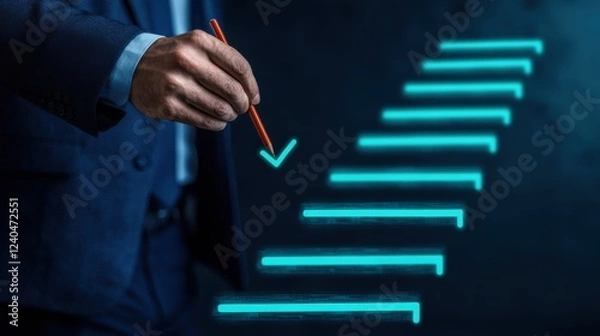 Fototapeta Business success concept. Businessman Visualizing Business Progress and Growth Through Stairs Metaphor