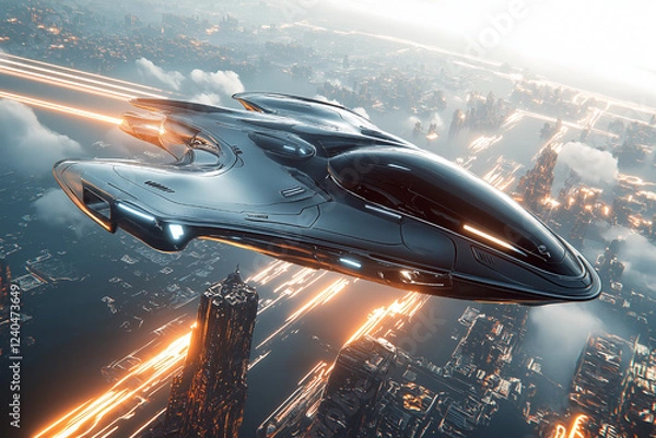 Fototapeta Futuristic Spaceship Soaring Over a Neon Cityscape