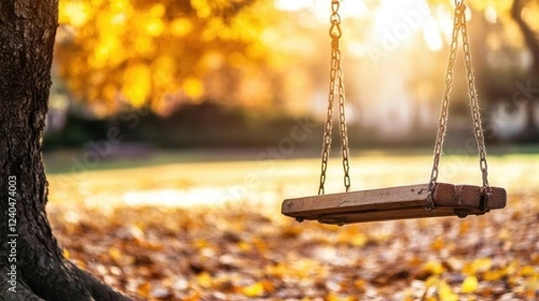 Fototapeta Wooden swing on a tree, set in a serene autumn park with vibrant yellow leaves and soft morning light