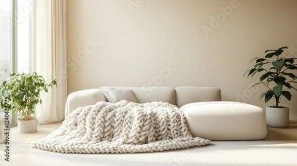 Fototapeta A plush, chunky knit throw spread across a minimalist modern sofa in a room with light beige walls, soft natural light coming through a large window, and potted greenery adding to the serene vibe.