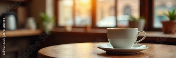 Fototapeta Morning coffee cups stacked on a table in a cozy coffee shop, warm atmosphere, stack cups, coffee cups