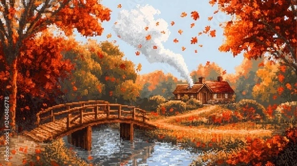 Fototapeta A peaceful autumn scene with pixelated orange and red leaves falling from trees, a small wooden bridge over a sparkling stream, and a distant cottage with smoke rising from the chimney.
