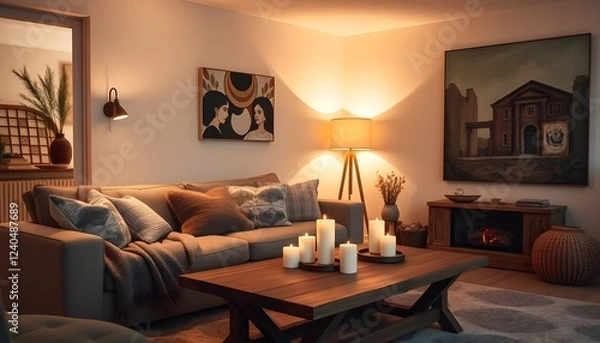Obraz A comfortable living room with a neutral palette, featuring a plush sofa, warm lighting and a large painting. Candles on the table add a touch of warmth and intimacy. Ideal for home themes, interior.