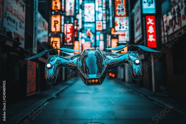 Obraz Futuristic Drone Soaring Above Neon-Lit Cityscape