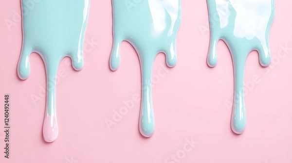 Fototapeta Sleek Drips of Light Blue Paint on Soft Pink Background Creating a Vibrant and Artistic Visual Effect