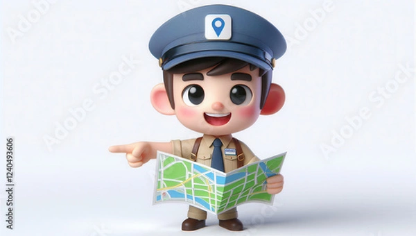 Fototapeta Friendly cartoon character giving directions with map urban setting 3d illustration