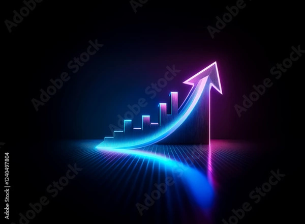 Obraz Neon arrow and bar graph ascend in a dark environment, illustrating growth and progress.  The vibrant colors and sleek design create a futuristic feel.
