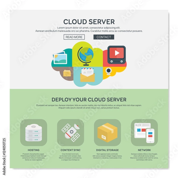 Obraz One page web design template of cloud hosting provider service, network server communication, business data solution. Flat design graphic.
