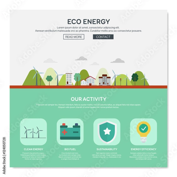 Obraz One page web design template of city environmentally friendly green energy, sun power development with solar panels. Flat design graphic hero image concept website elements layout.