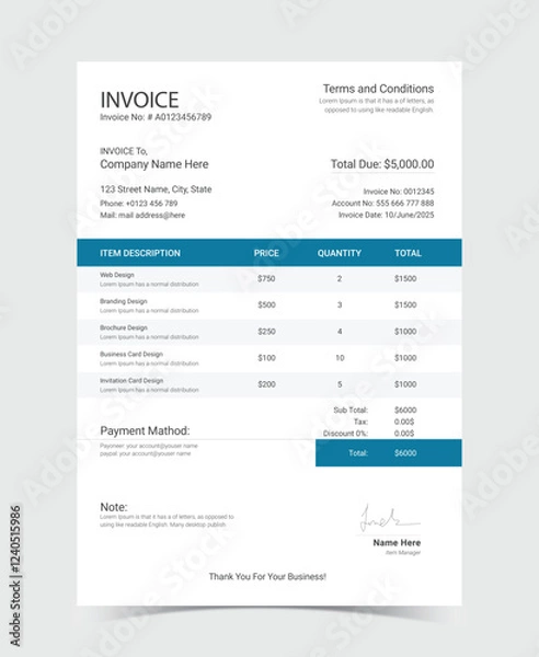 Fototapeta Minimal Invoice template design. Professional payment agreement layout, Corporate bill spreadsheet receipt and invoices for customer payment form document, Receipt tax or bill vector illustration