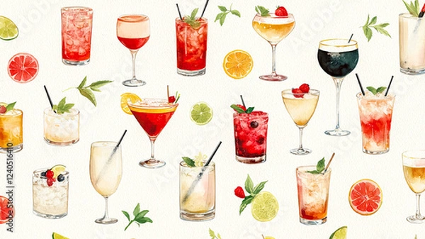 Fototapeta A Watercolor of vibrant pattern featuring various cocktails and drinks, ideal for summer themes and celebrations.