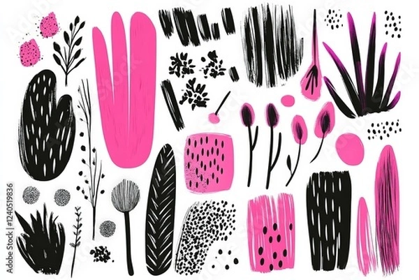 Fototapeta Colorful abstract botanical patterns featuring pink and black elements on a white backdrop