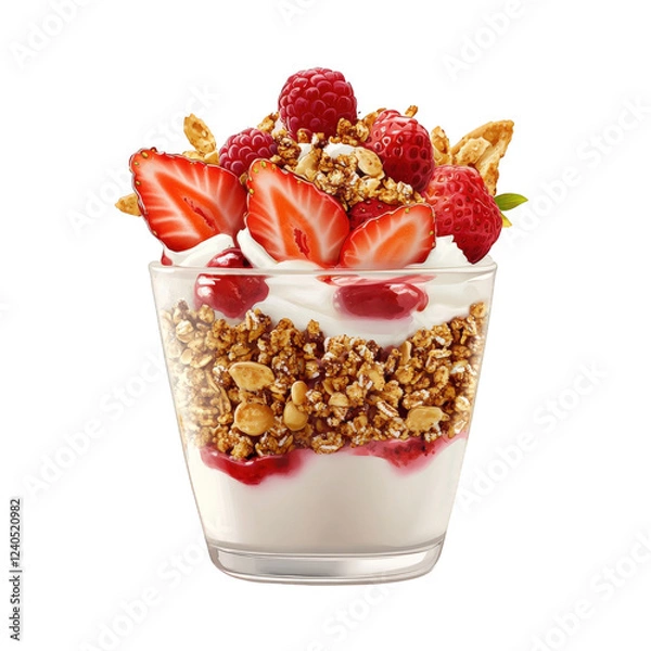 Obraz A vibrant strawberry yogurt parfait with fresh berry toppings and a sprinkle of granola, transparent background, PNG