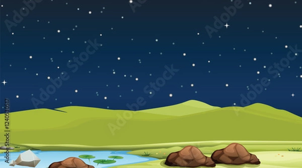 Fototapeta Meadow with grass, pond, conifers and hills on horizon at night. Vector illustration of summer landscape of field or pasture with plants, lake, full moon and stars in dark sky