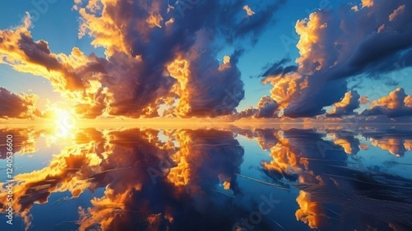Fototapeta Vibrant sunset reflecting on a serene water surface with dramatic clouds