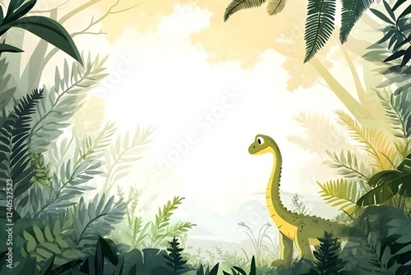 Fototapeta A whimsical dinosaur stands amidst lush greenery in a serene prehistoric jungle setting