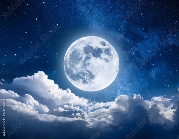 Fototapeta A bright full moon illuminates a night sky filled with fluffy clouds and twinkling stars