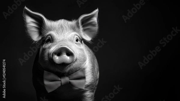 Fototapeta Elegant pig with bowtie, radiating charm in formal portrait, its refined features beautifully lit. pig has endearing appearance, touch of class